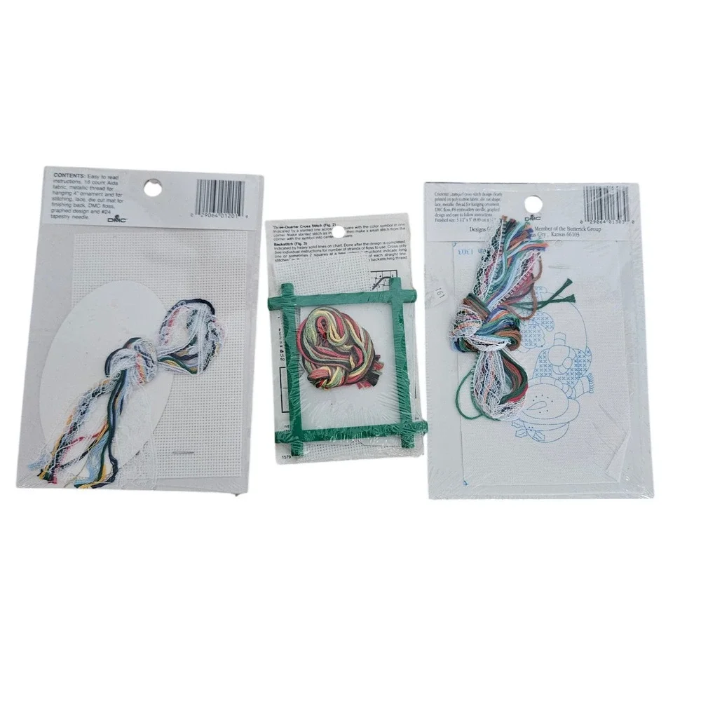 Vintage Christmas Cross Stitch Ornament Kit Lot Snowman Teddy Bear 3 Kits New